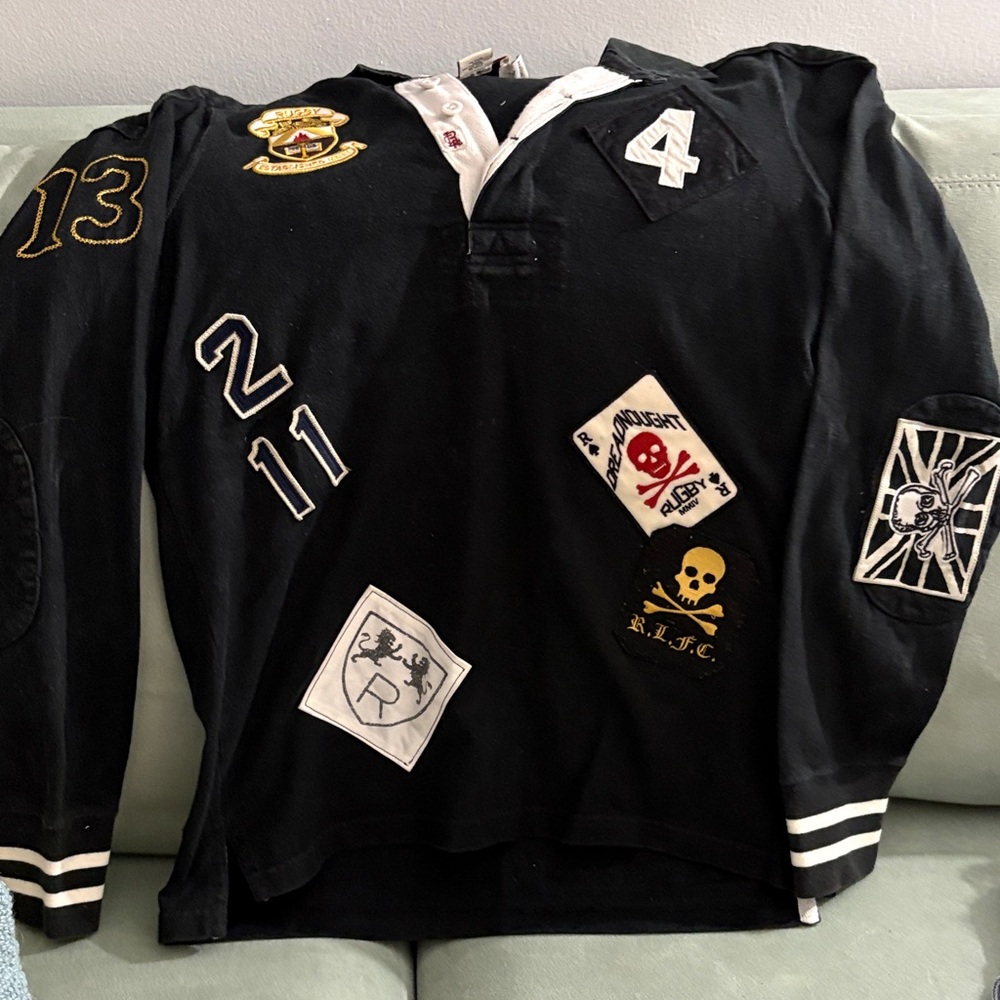 Vintage Rugby Ralph Lauren Black Long Sleeve Top with custom Patches